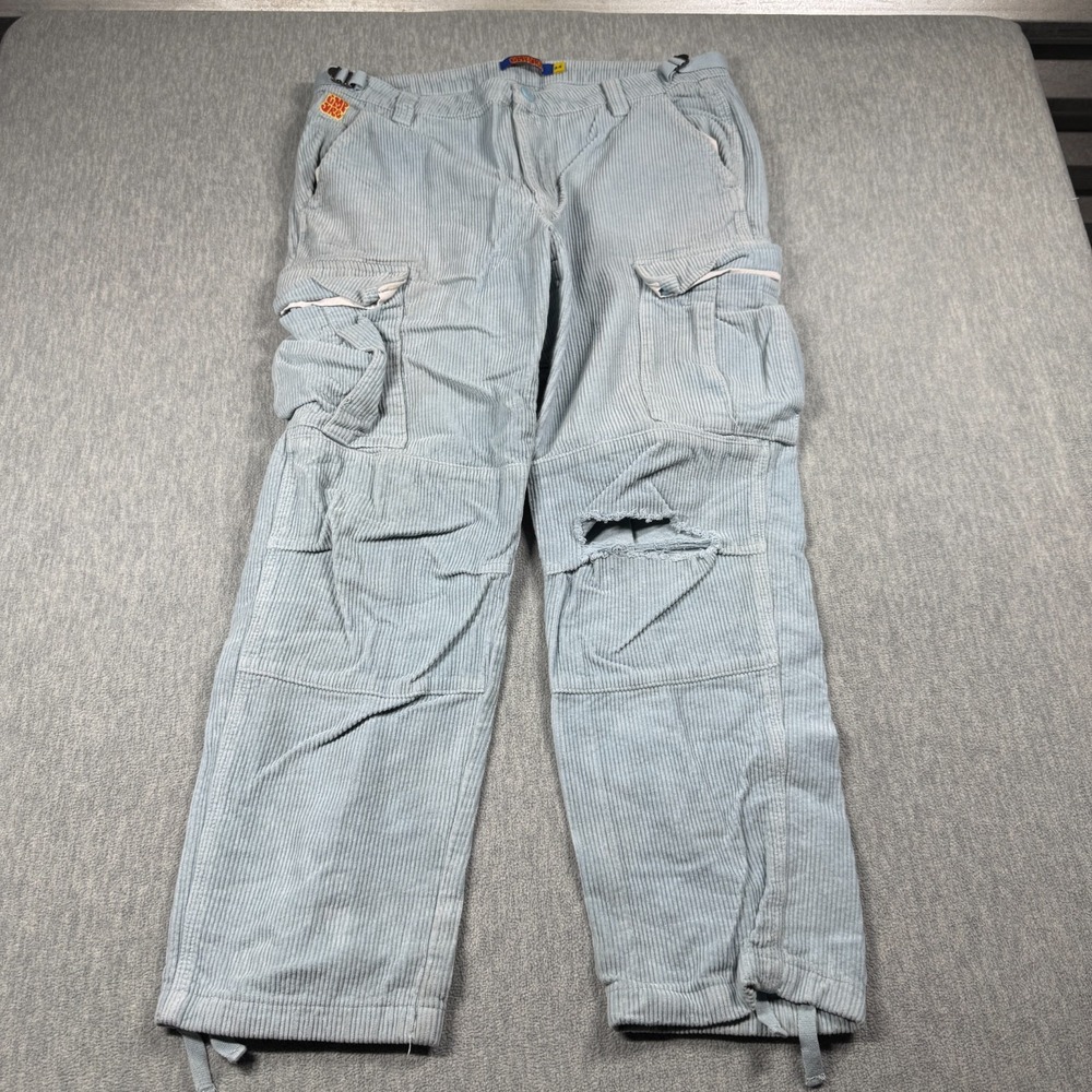 Empyre Pants Mens 34 Blue Corduroy Cargo Distressed Relaxed Fit Skater Drawstrin
